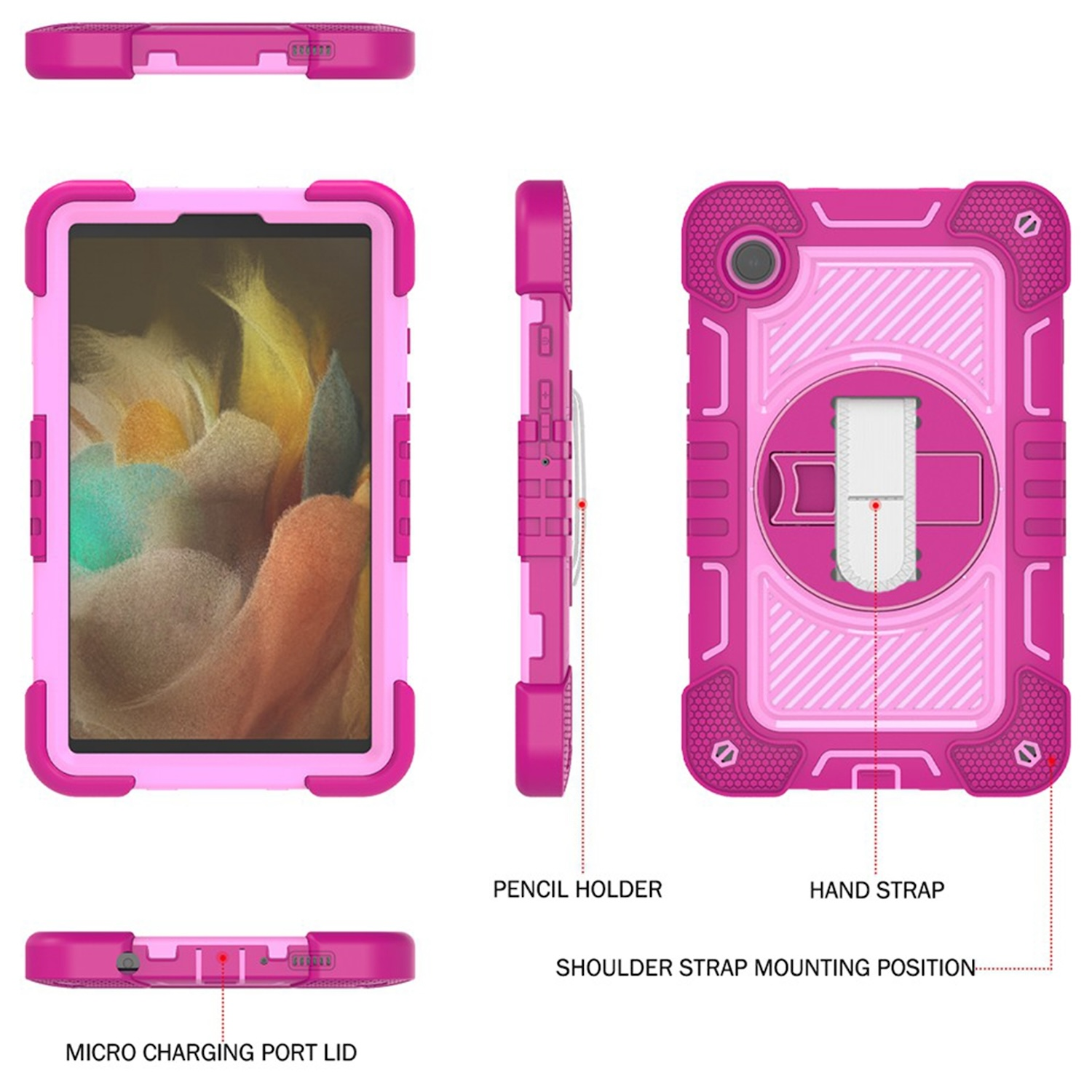 Rosa Tablet-Hülle mit mehreren Ansichten, einschließlich Stifthalter und Handschlaufe.