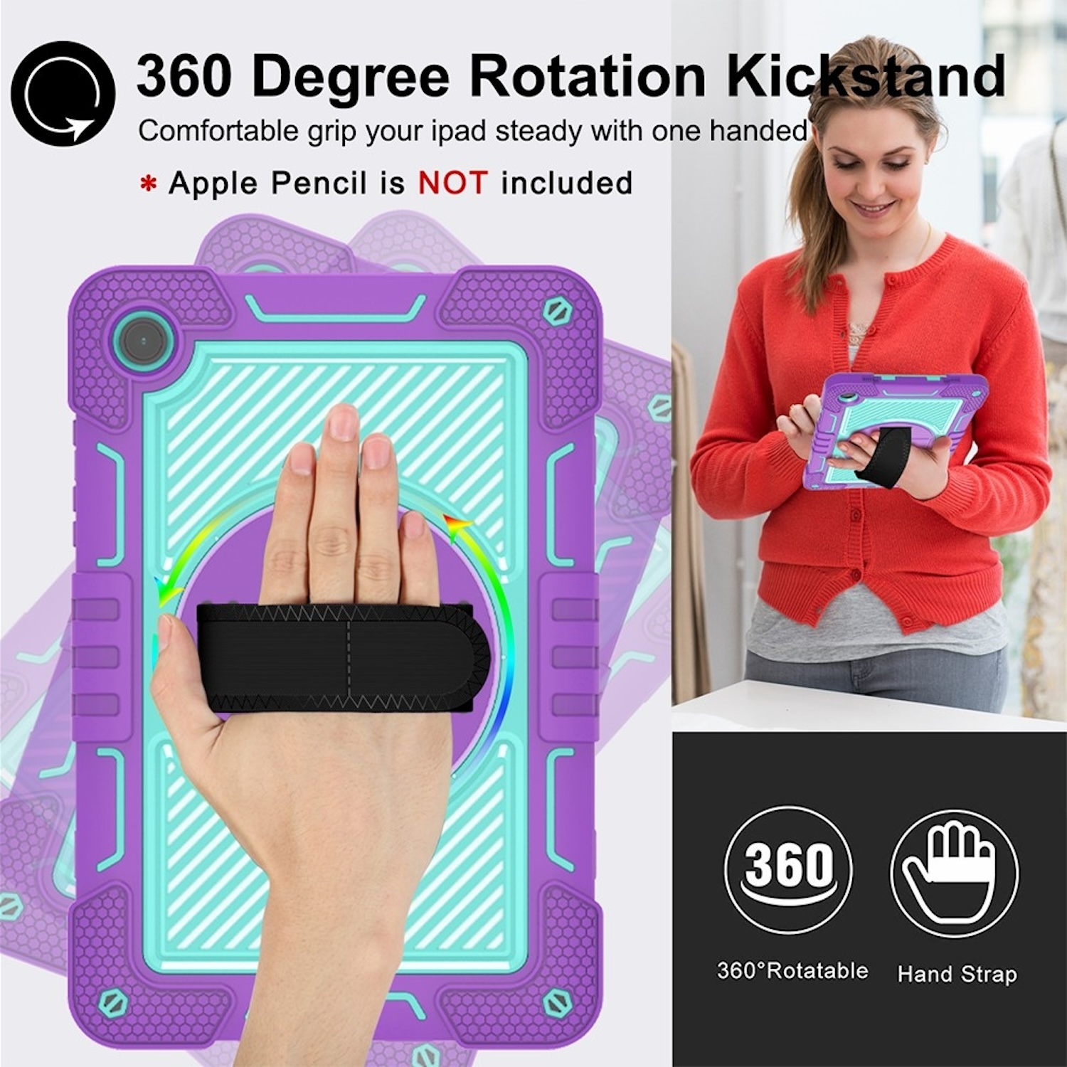 Tablethülle mit Hand, die sie hält, Frau im roten Hemd.