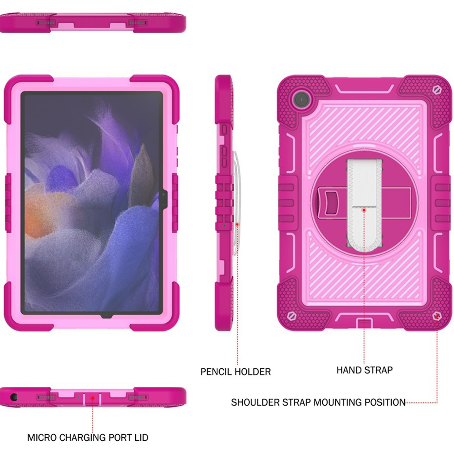 Rosa Tablet-Hülle mit mehreren Ansichten. Zeigt Portdeckel, Stifthalter und Details des Handriemens.