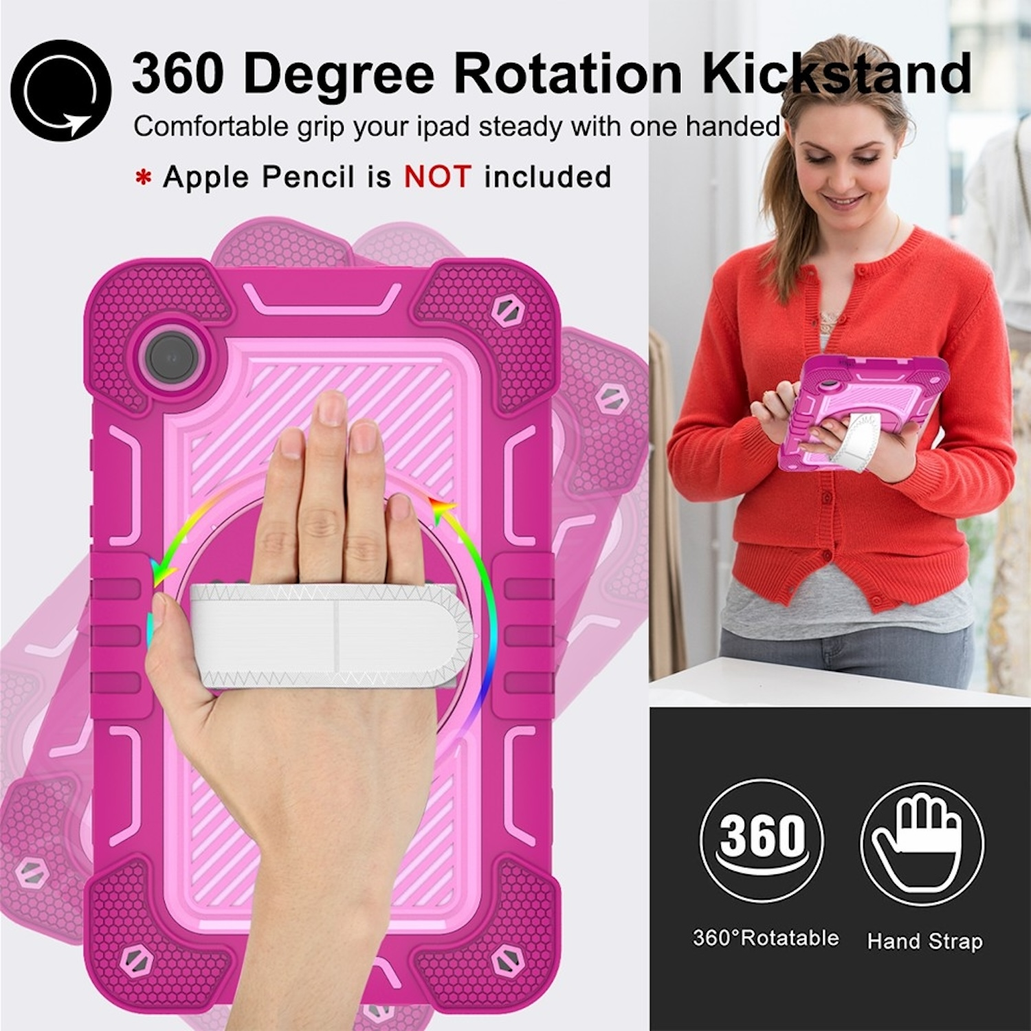 Eine Frau, die ein Tablet mit pinkfarbenem Gehäuse benutzt. Das Gehäuse hat einen Ständer.