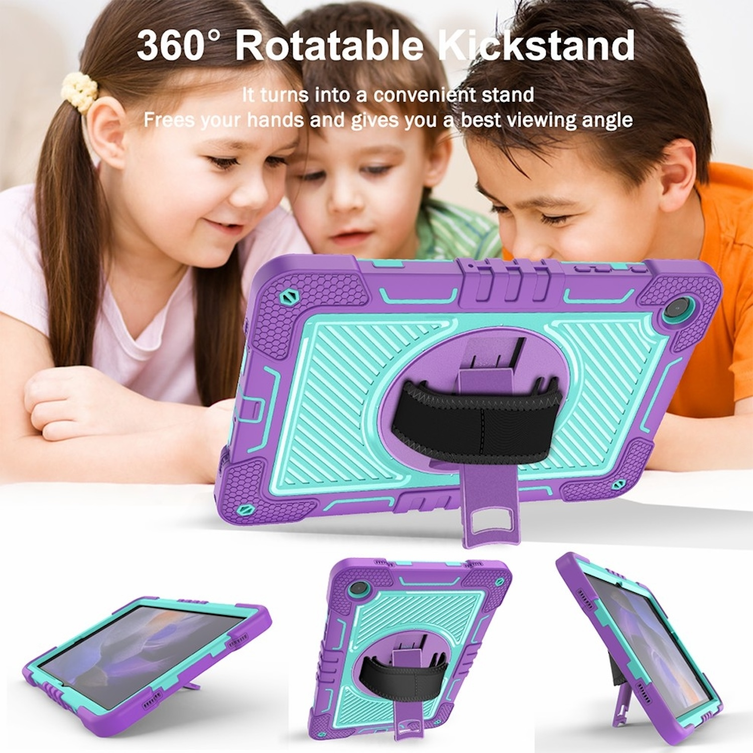 Ein Tablet mit einem lila und blaugrünen Gehäuse, das von Kindern gehalten wird, mit einem Ständer.