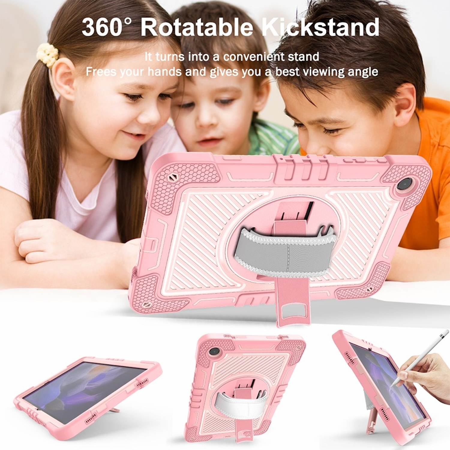 Ein rosa Tablet in einer Hülle, Kinder schauen darauf. Es hat einen drehbaren Ständer.