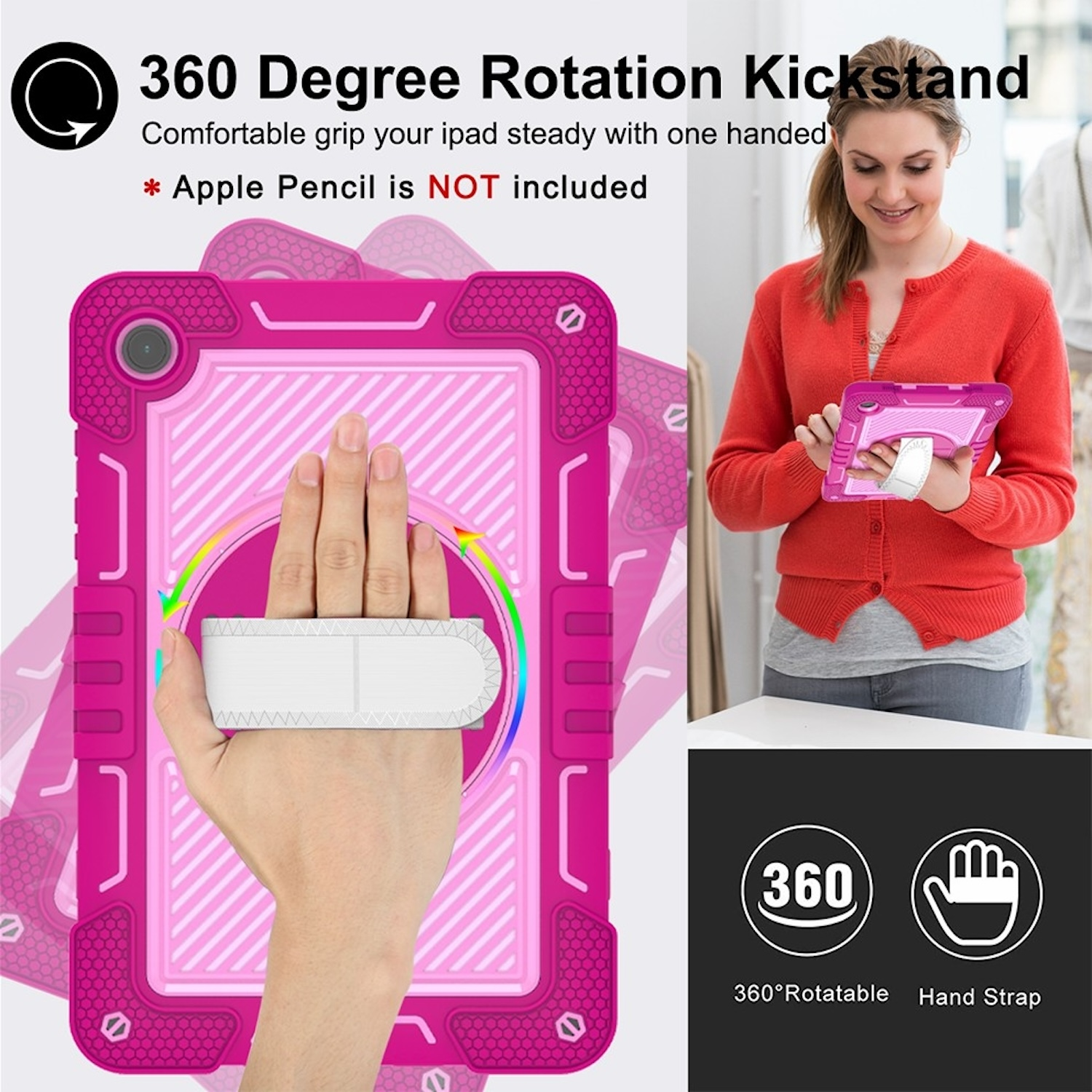 Rosa Tablet-Hülle mit Handschlaufe. Eine Frau hält das Tablet. Die Hülle wird gezeigt.