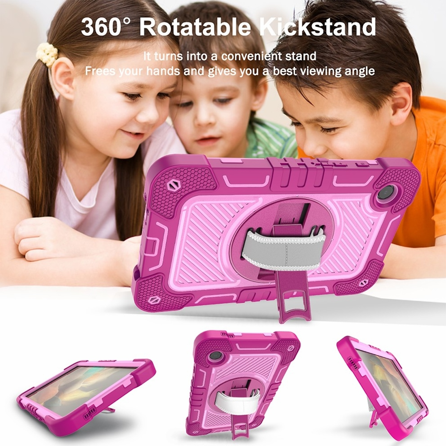 Drei Kinder betrachten eine pinke Tablethülle mit Ständer. Text: '360° drehbarer Ständer'.