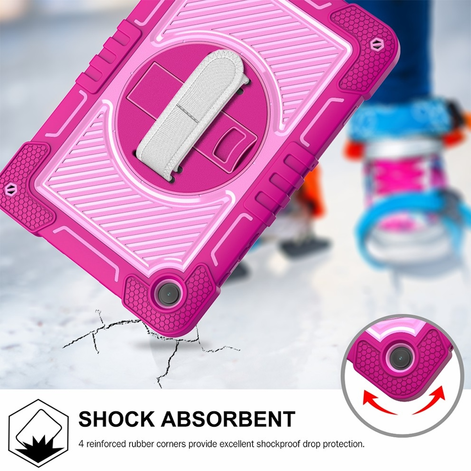 Pinkes Tabletetui mit Ecken und Riemen. Das Etui liegt auf einer Oberfläche mit sichtbaren Rissen.