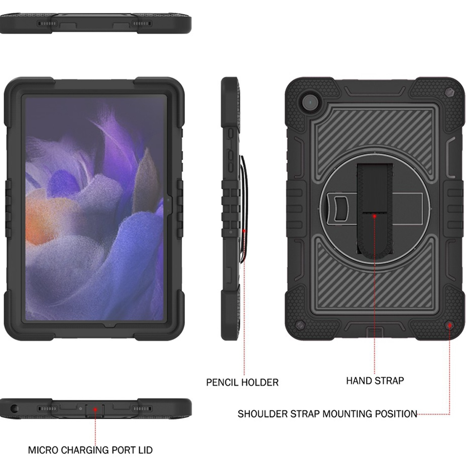 Schwarze Tablet-Hülle mit Bildschirm, Stifthalter und Handschlaufe.