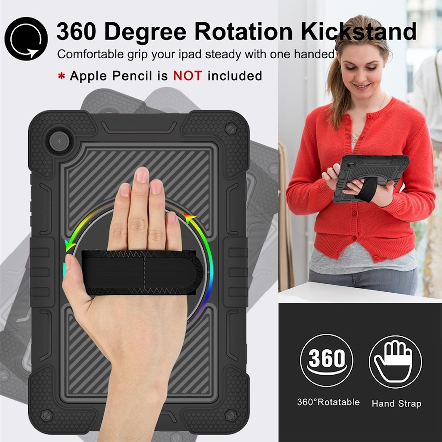 Eine Frau hält ein schwarzes Tablet mit Handschlaufe und einem 360-Grad-Drehständer.