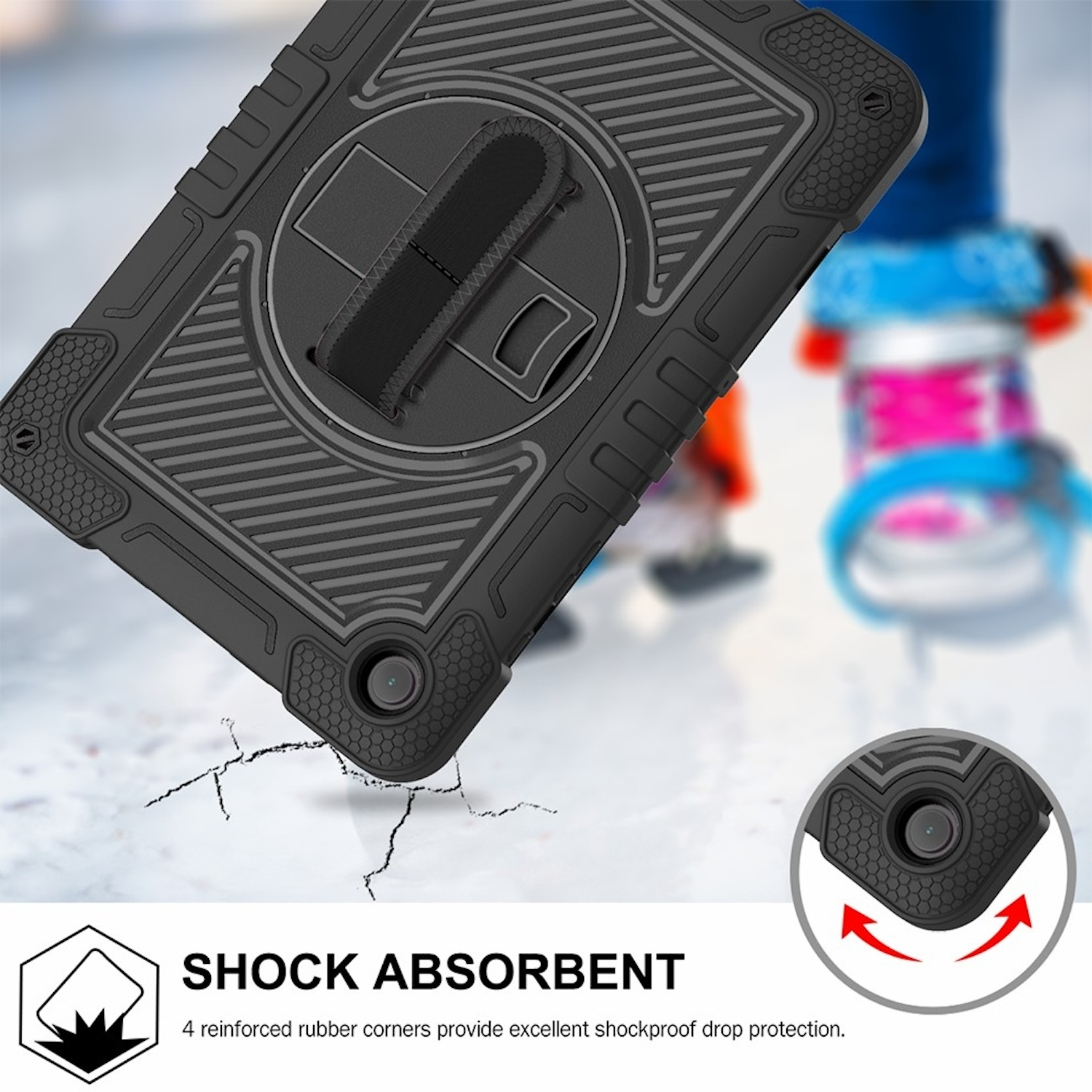 Eine schwarze Tablethülle mit Handschlaufe und strukturiertem Design, die Stoßabsorption zeigt.