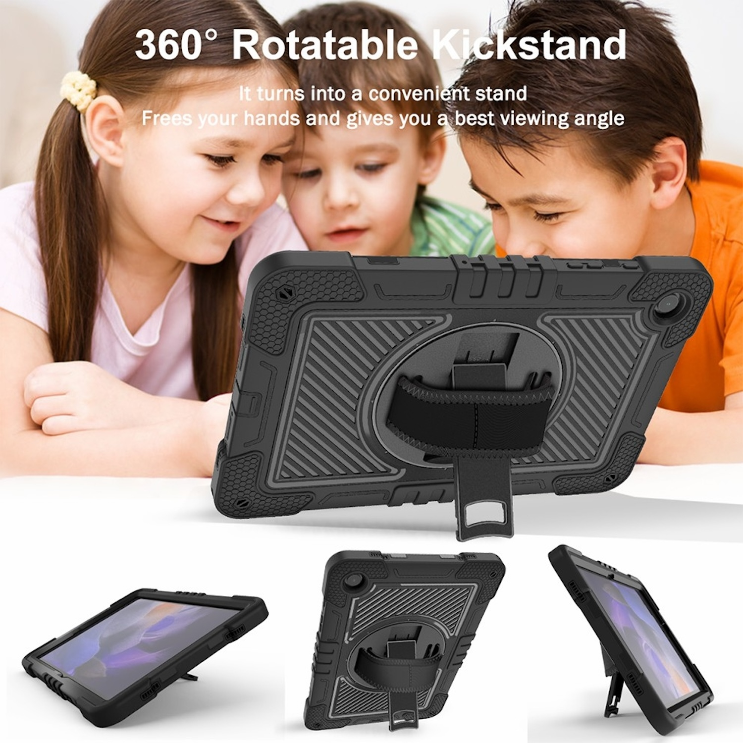 Drei Kinder schauen auf ein Tablet mit einer Schutzhülle und einem Ständer.