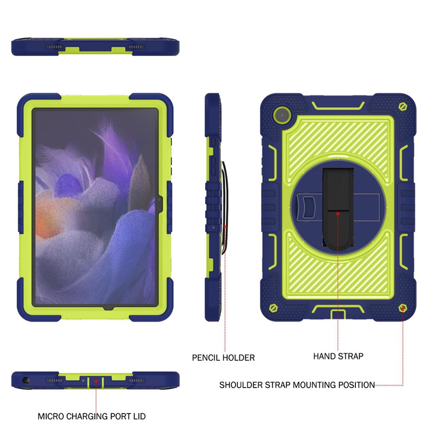 Schutzhülle für Tablets, mit grünen und blauen Farben. Mit Stifthalter, Handschlaufe und Anschluss.
