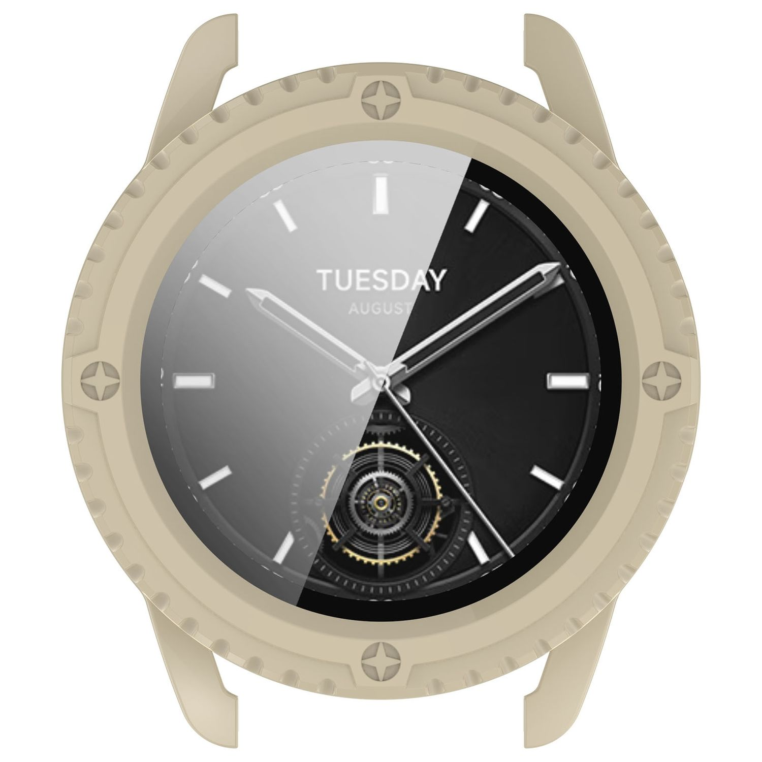 Eine beige Smartwatch mit schwarzem Zifferblatt, das den Tag und einen Teil des Zahnrads anzeigt.