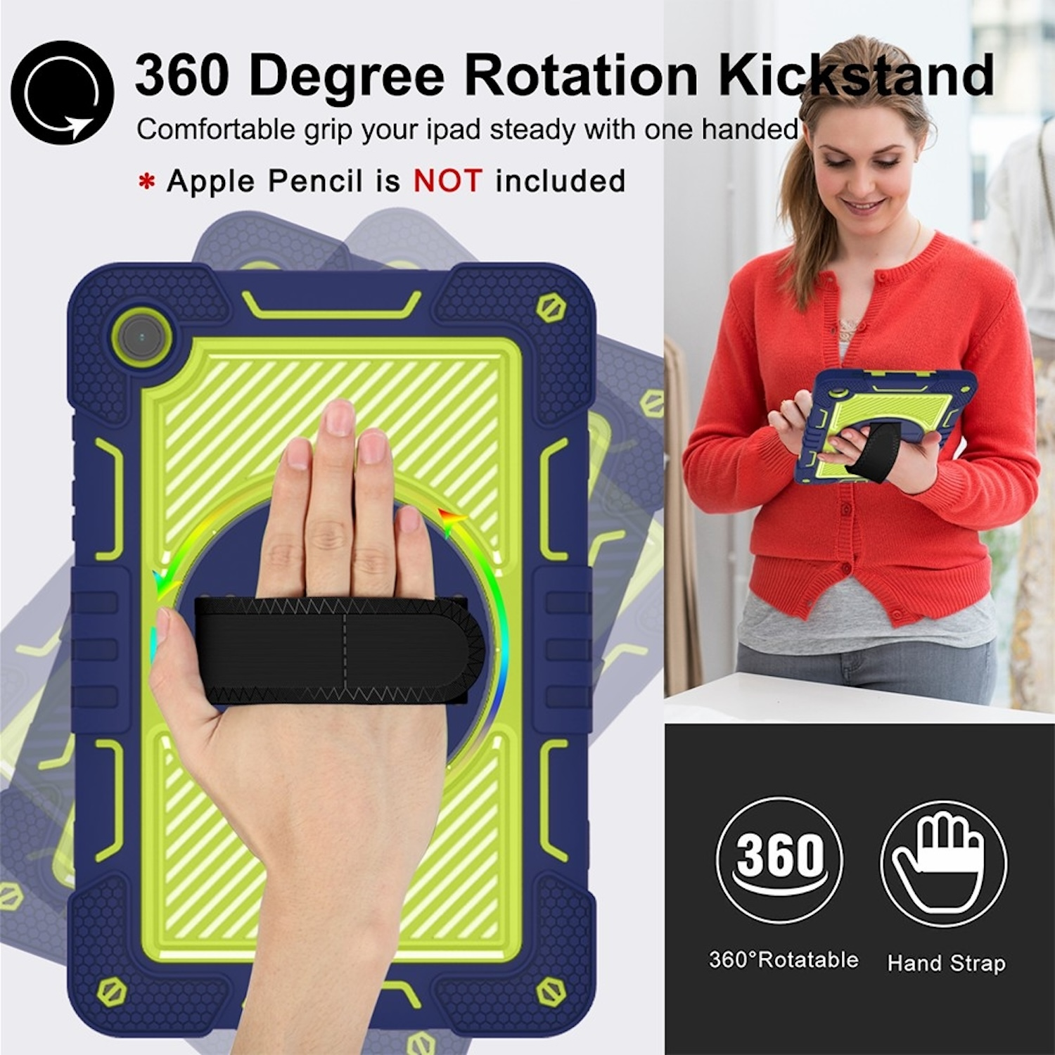 Eine Person hält ein Tablet in einer Hülle mit Handschlaufe, zeigt 360° Drehung.