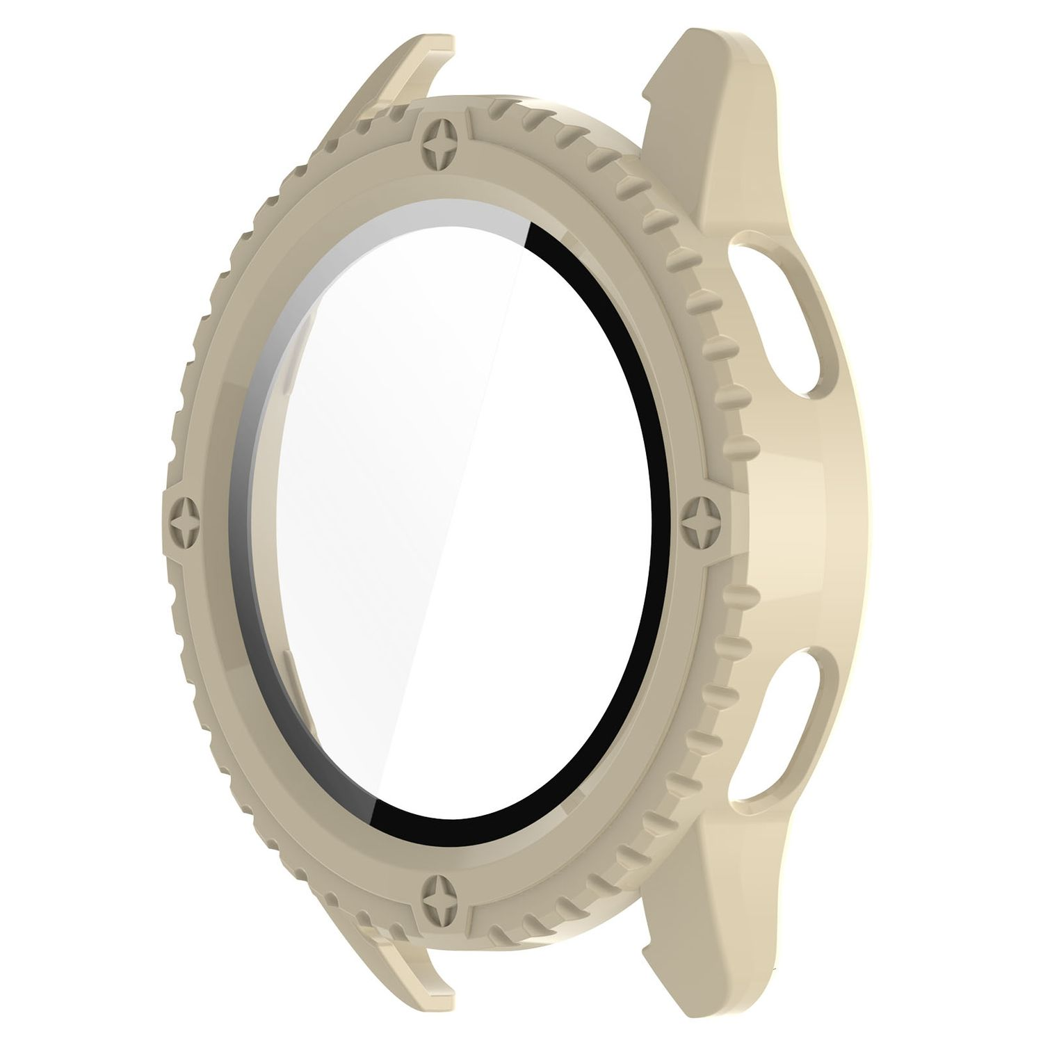 Uhrengehäuse. Beige Farbe. Kreisförmig mit klarem Glas. Vier Schrauben sichtbar.
