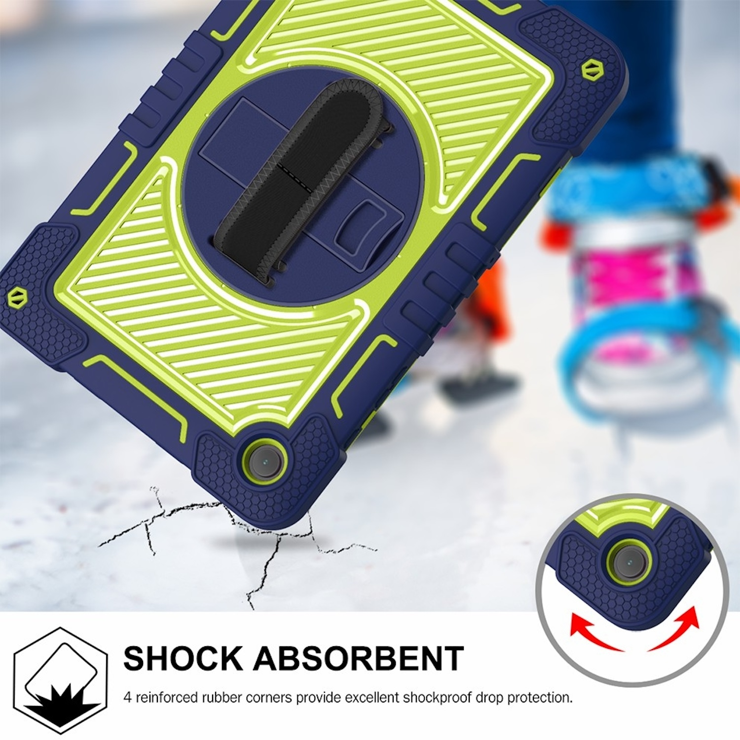 Eine Tablet-Hülle wird gezeigt. Sie hat einen blauen Rahmen, eine grüne Mitte und einen schwarzen Riemen, mit Eckenschutz.