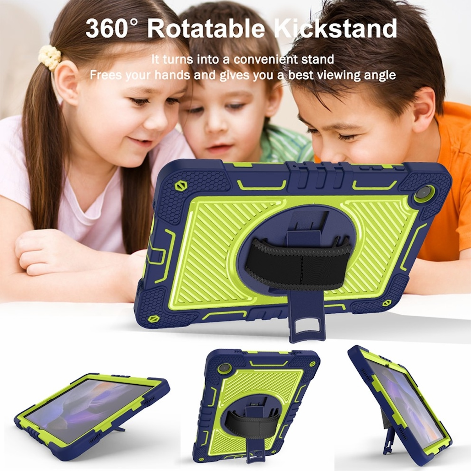Kinder benutzen ein Tablet mit blau-grünem Gehäuse. Das Gehäuse kann als Ständer verwendet werden.