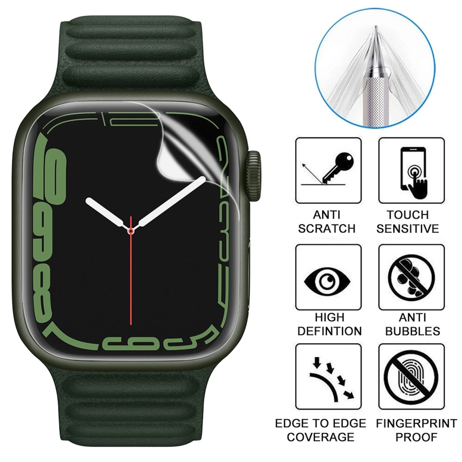 Smartwatch mit Displayschutzfolienanwendung, zeigt kratzfeste und berührungsempfindliche Funktionen.
