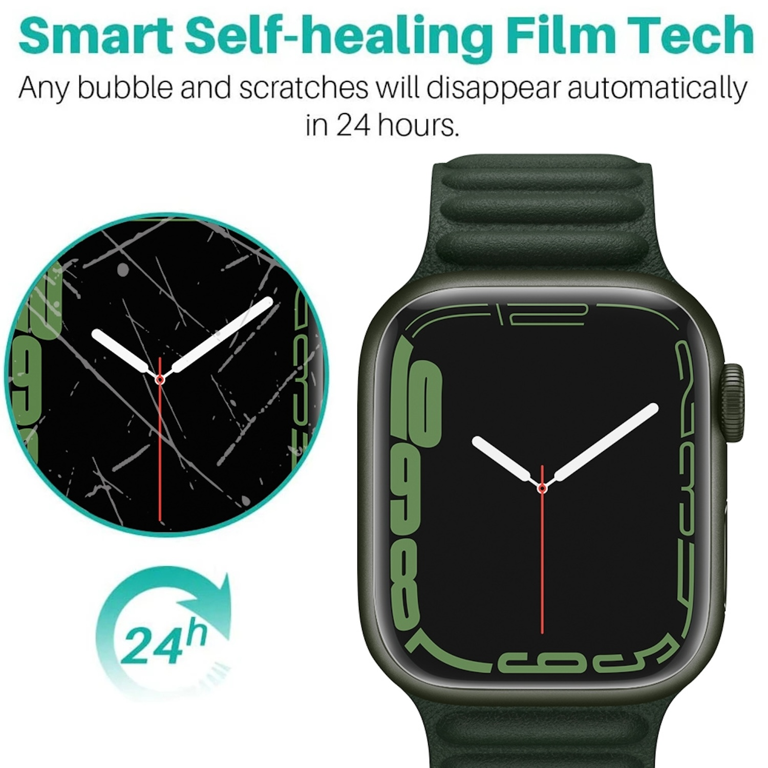Grüne Smartwatch mit dunklem Bildschirm. Ein zerkratzter Displayschutz ist im Kreis abgebildet.