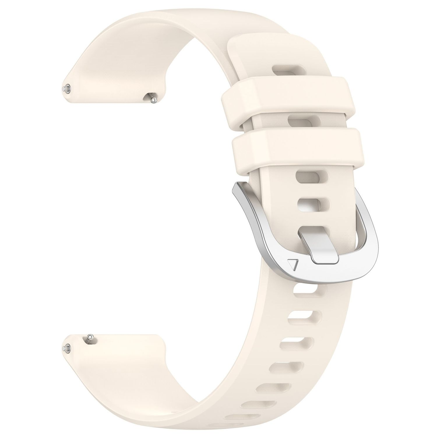 Cremefarbenes Uhrenarmband mit silberner Schnalle auf weißem Hintergrund.