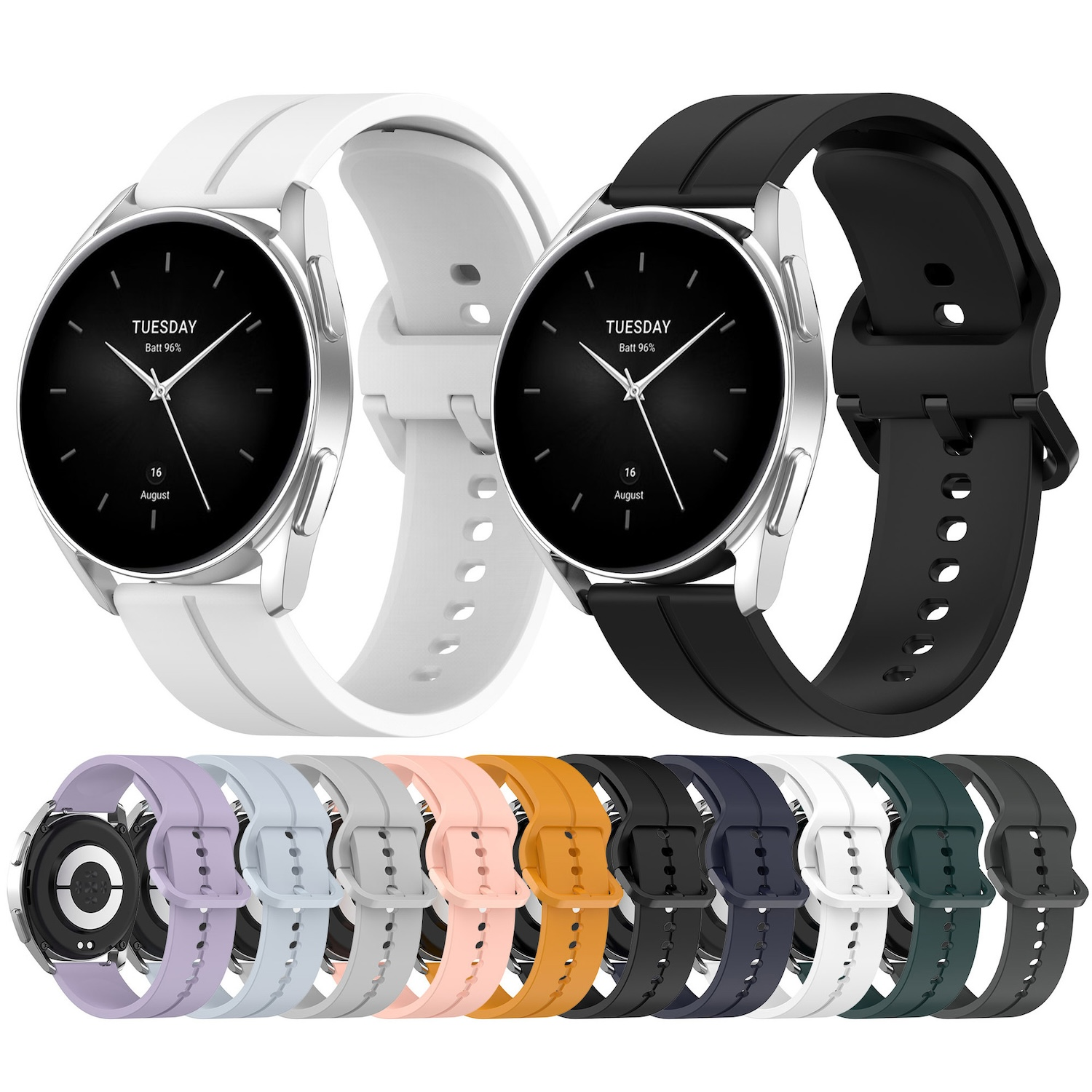 Mehrere Smartwatches mit verschiedenfarbigen Armbändern, die Uhrzeit und Datum anzeigen, auf weißem Hintergrund.
