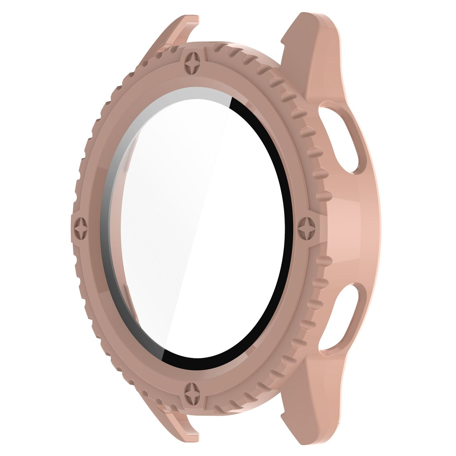 Ein hellbraunes Smartwatch-Gehäuse mit klarer Displayschutzfolie und Aussparungen.