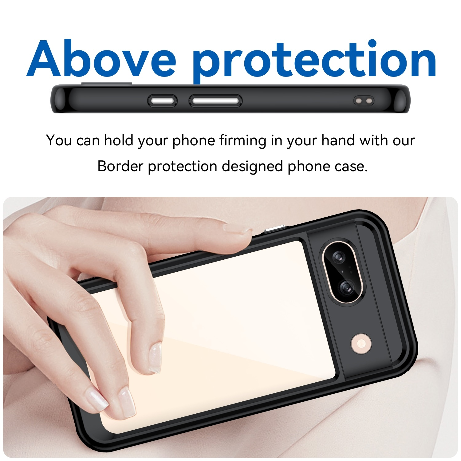 Hand, die ein Telefon in einer schwarzen Schutzhülle hält und das Border Protection-Design zeigt.