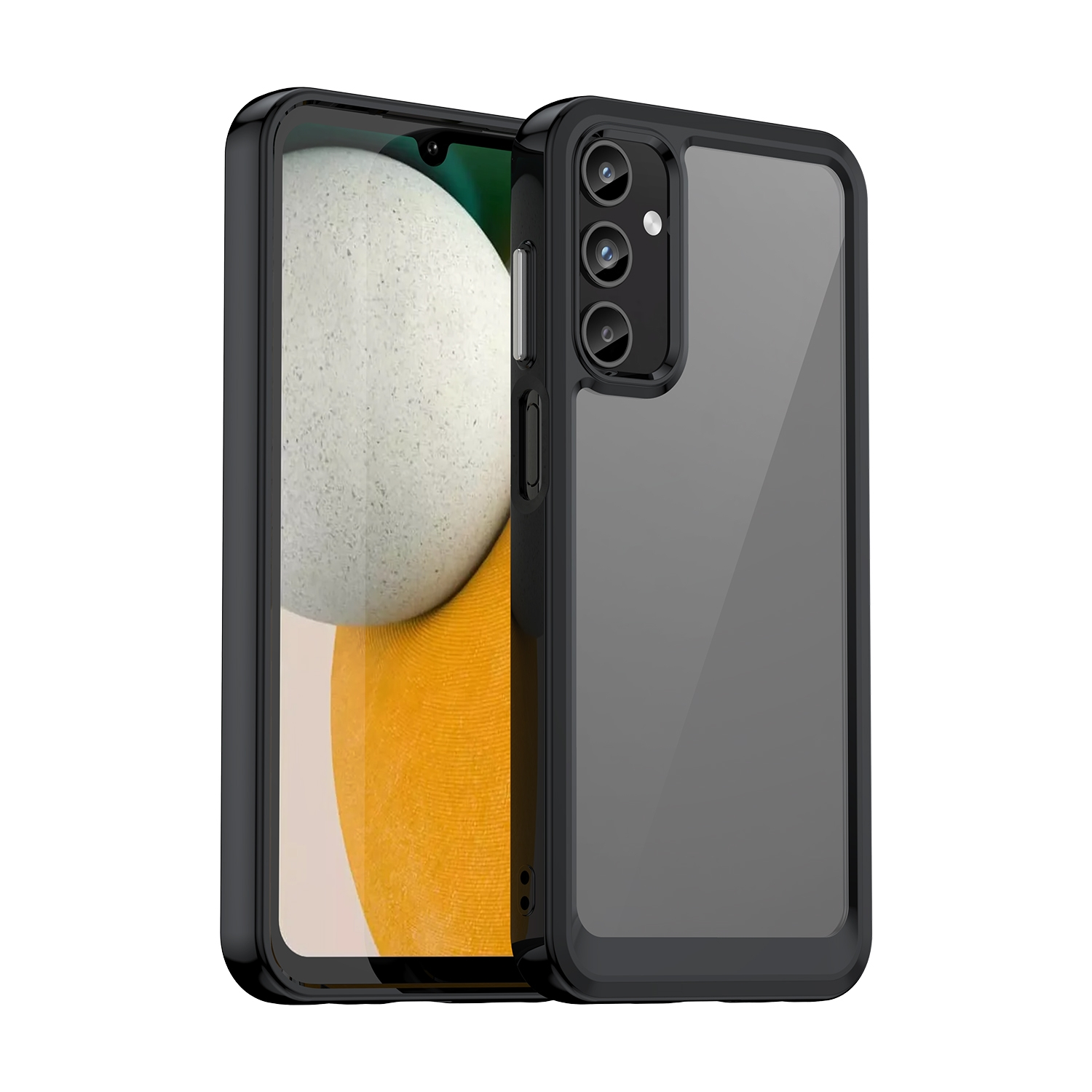 Schwarze und transparente Handyhülle mit Telefon. Die Hülle hat einen erhöhten Kamerabereich.