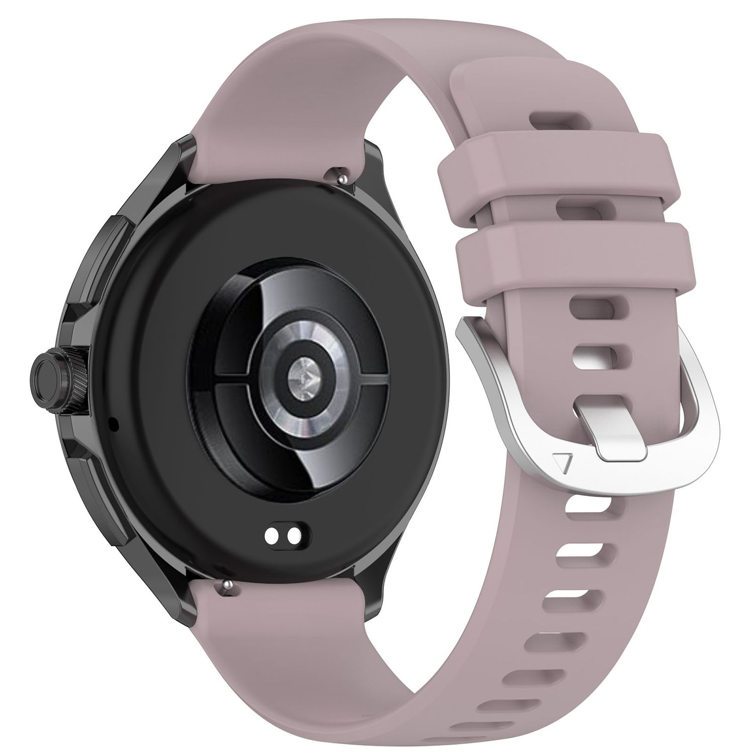 Eine Smartwatch mit rosa Armband. Die Rückseite der Uhr ist schwarz. Das Armband ist hellrosa und hat eine Schnalle.