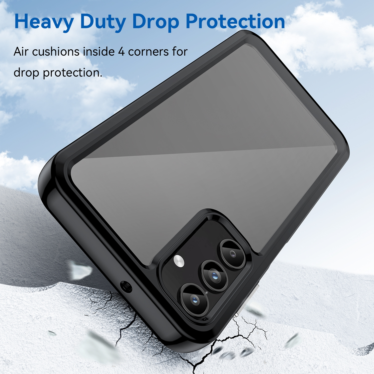Schwarze Handyhülle mit durchsichtigem Rücken. Text: Heavy Duty Drop Protection.