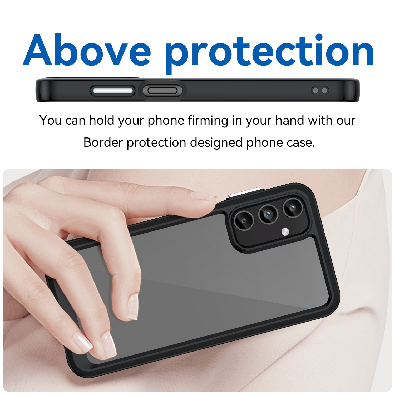 Eine Hand, die ein Telefon in einer schwarzen Handyhülle hält. Text lautet: 'Above protection'.