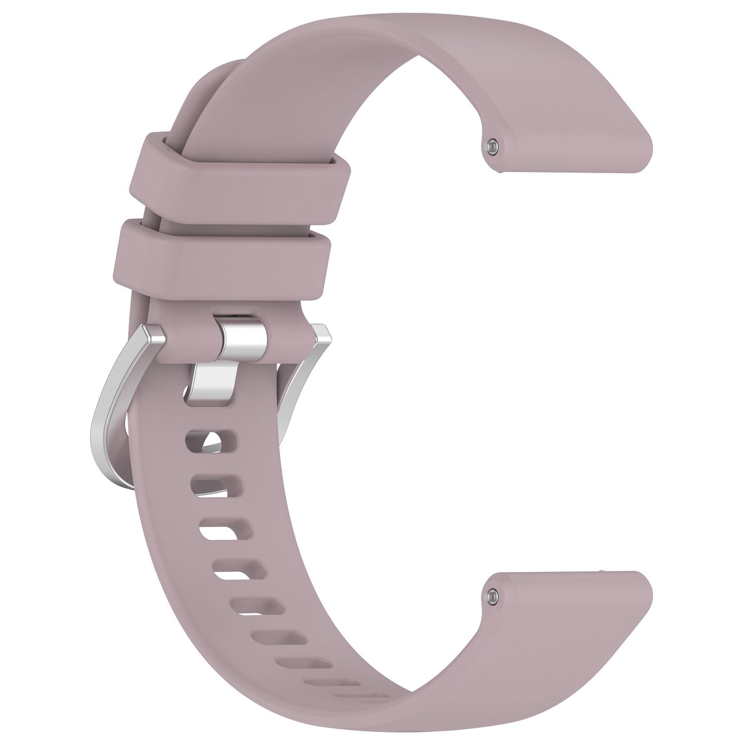 Hellrosa Uhrenarmband mit silberner Schnalle. Es ist gebogen und flexibel.