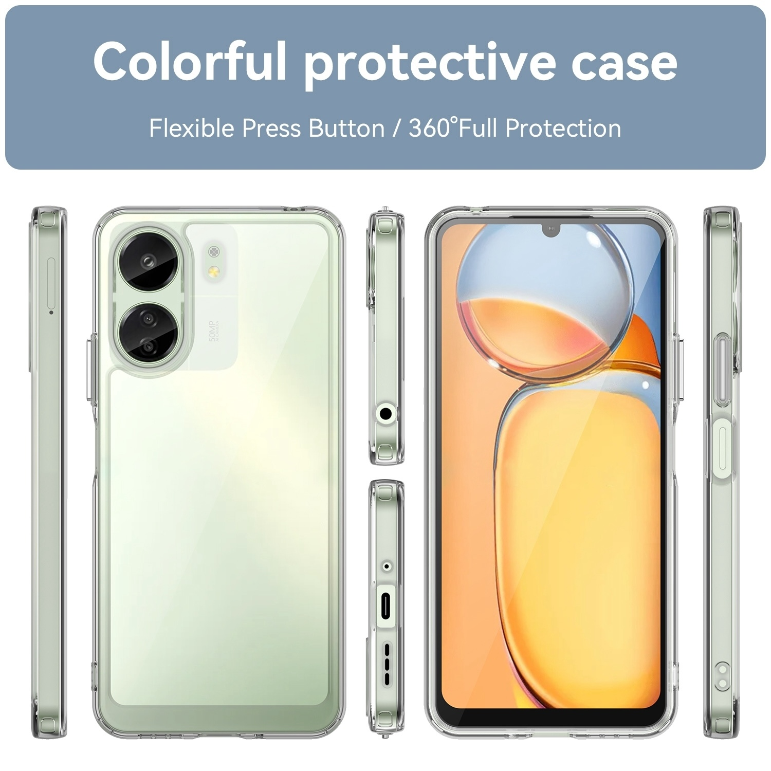 Ein Telefon in einer durchsichtigen Hülle, aus mehreren Winkeln gezeigt. Die Hülle ist transparent.