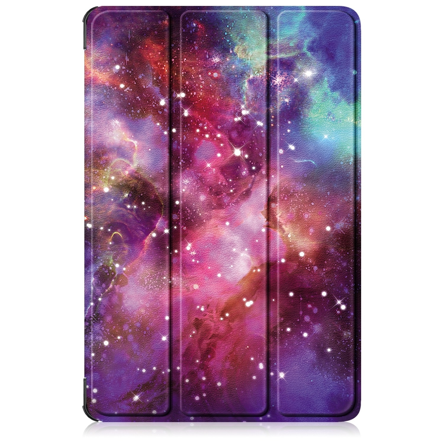 Funda de tableta con diseño de galaxia en tonos rosa, morado, azul y verde.