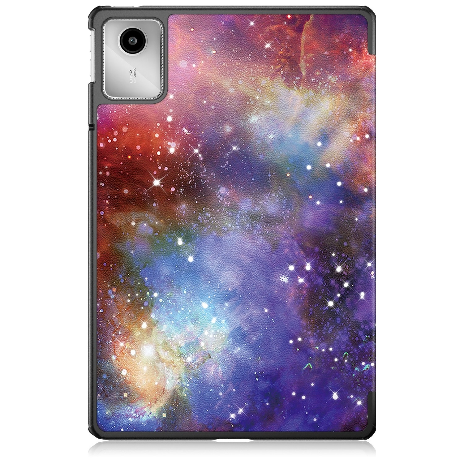 Funda de tableta con diseño de galaxia, mostrando la cámara y el borde de la tableta.