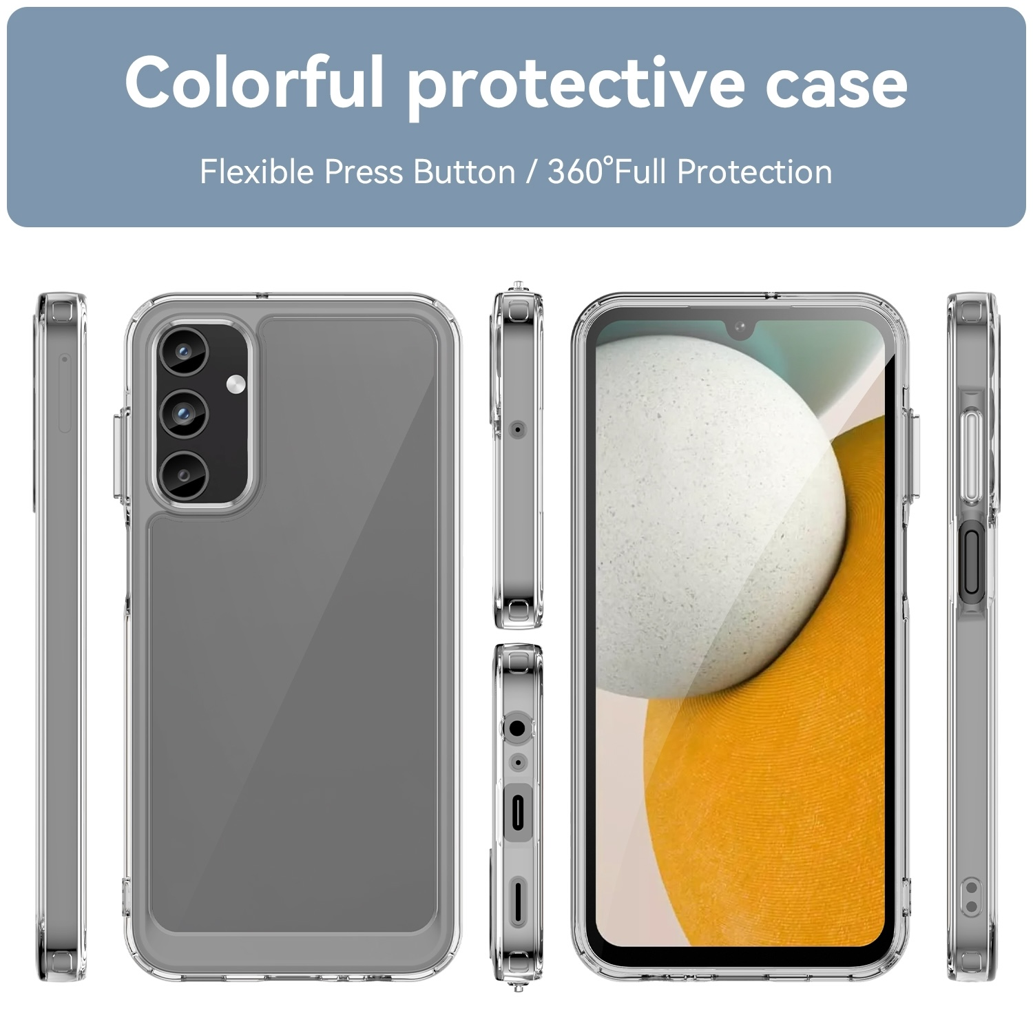 Eine transparente Handyhülle mit einem Handy darin, verschiedene Winkel werden gezeigt.