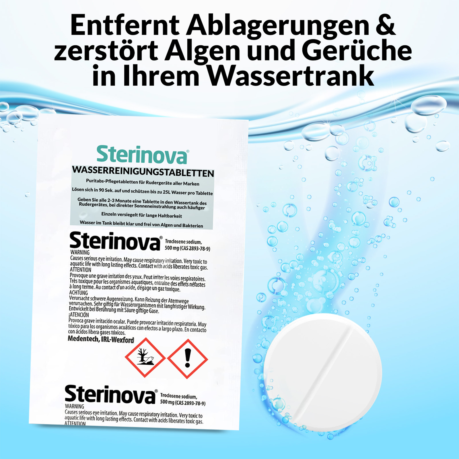 Weiße Tablettenpackung und eine Sterinova Reinigungstablette. Der Text enthält Warnungen und Anweisungen auf blauem Grund.