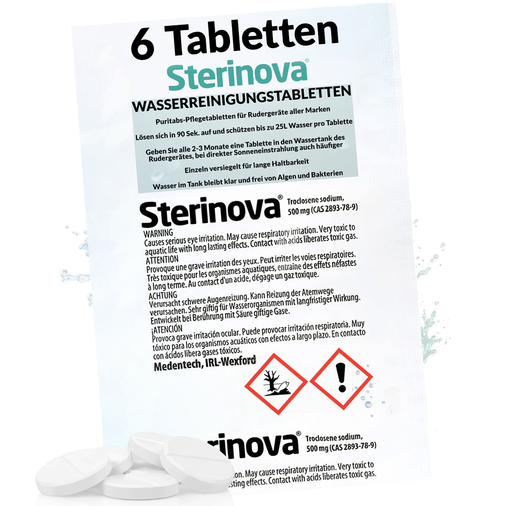 Verpackung von Sterinova Wasserreinigungstabletten mit Text und Warnsymbolen. Tabletten gezeigt.