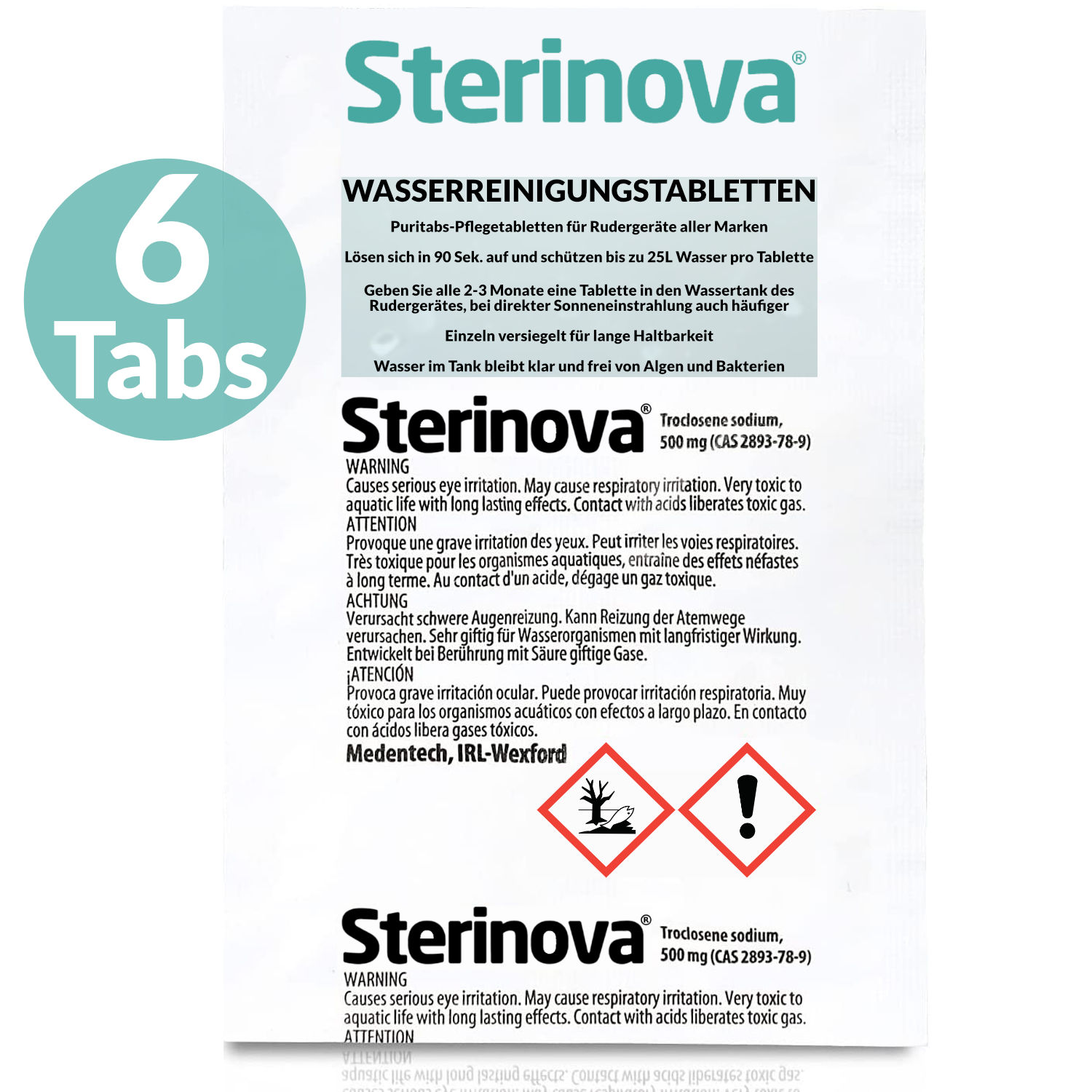 Eine Packung Sterinova Wasserreinigungstabletten mit Warnsymbolen darauf.