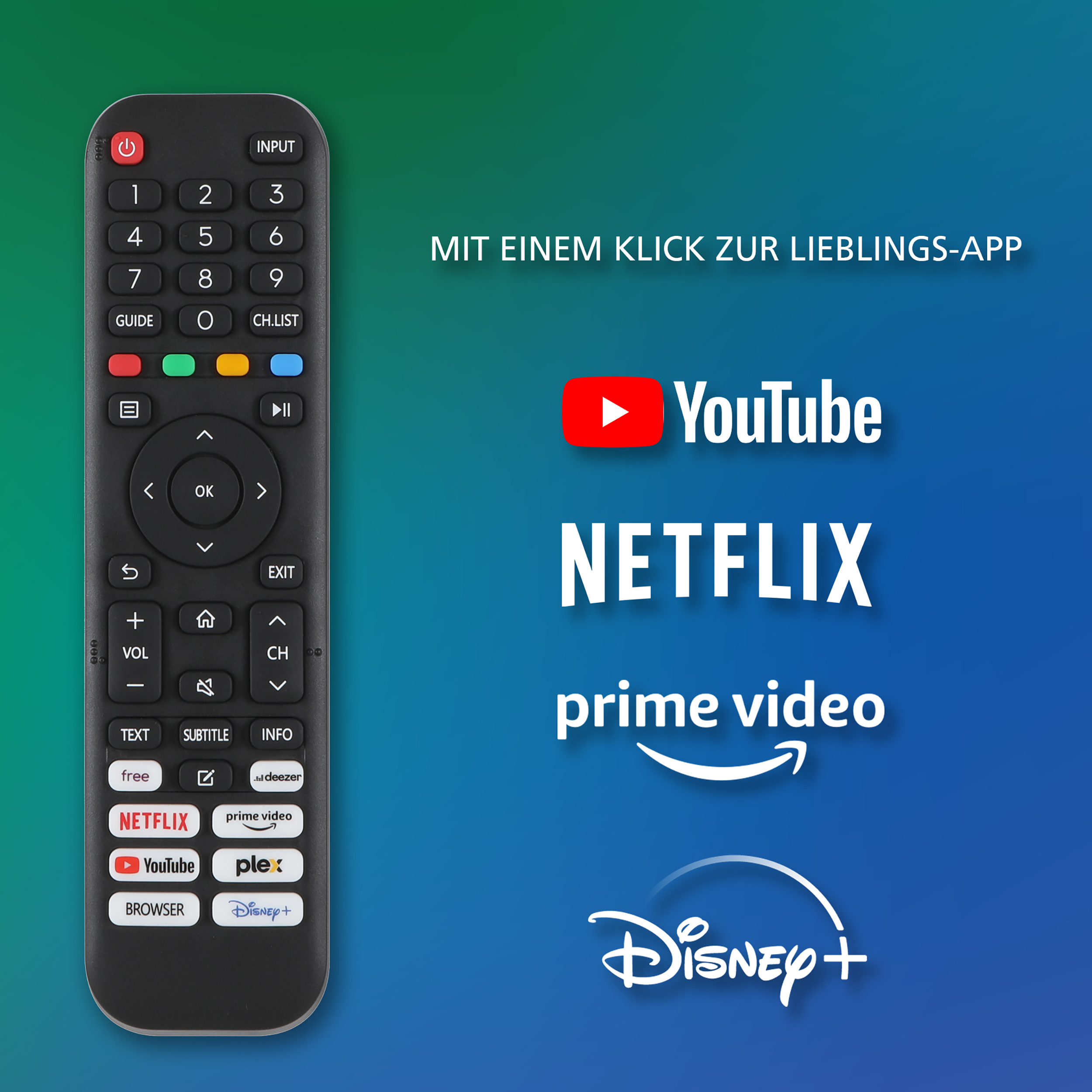 Schwarze Fernbedienung mit App-Symbolen für YouTube, Netflix, Prime Video und Disney+.