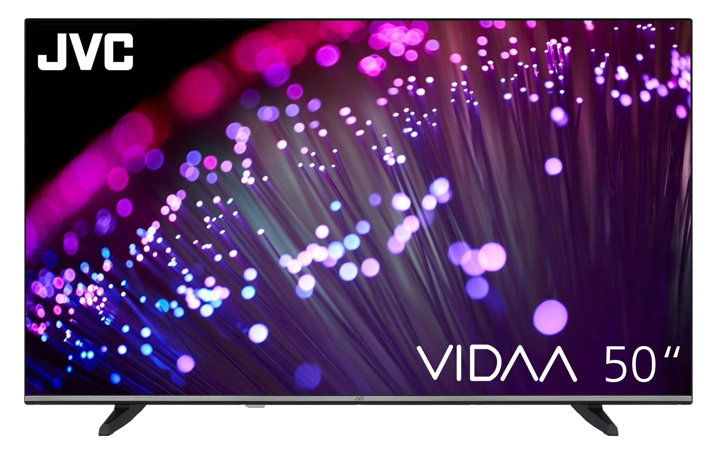 JVC TV, 50 Zoll, VIDAA, auf weißem Hintergrund, mit einem lila Hintergrund.