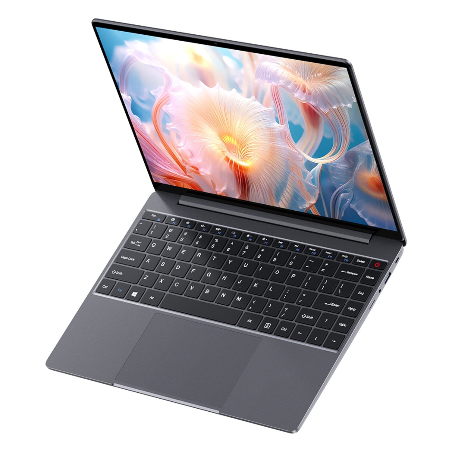 Ein Laptop wird in einem Winkel angezeigt. Der Bildschirm zeigt bunte, abstrakte Kunst. Die Tastatur ist sichtbar.