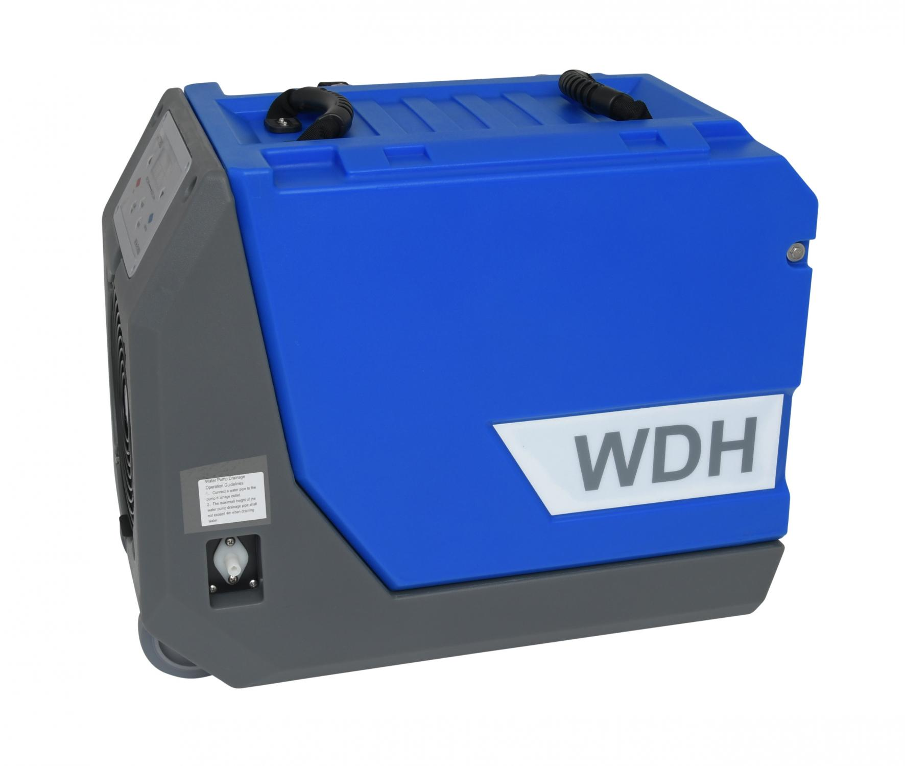Blaue und graue tragbare Maschine mit WDH-Logo. Es hat einen Griff, Knöpfe und einen weißen Hintergrund.