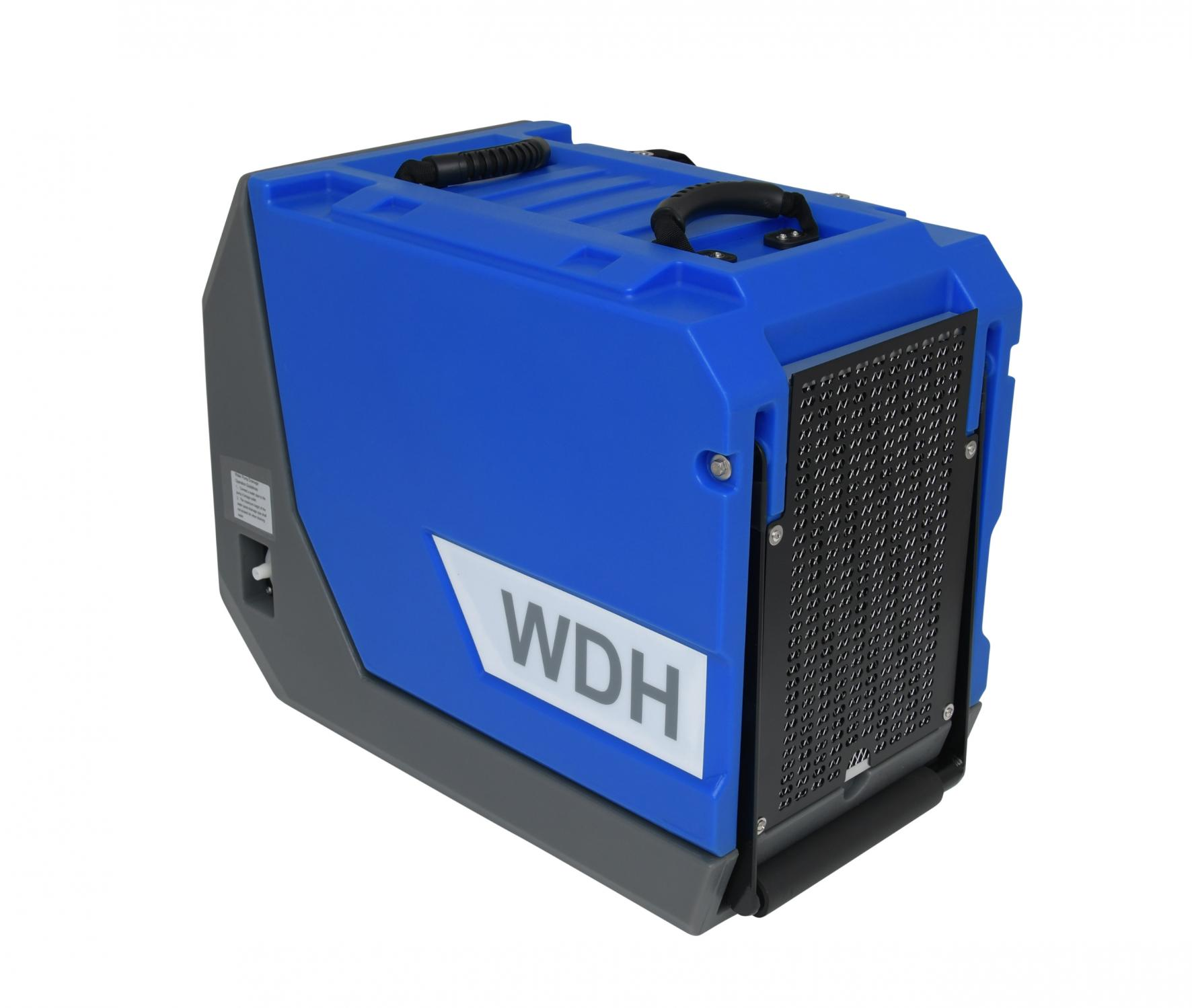 Blau-graue, kastenförmige WDH-Maschine. Sie hat einen Griff und ein schwarzes Gitter vorne.