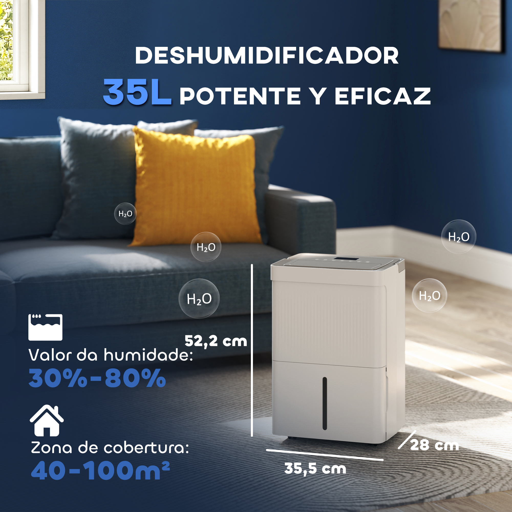 Deshumidificador con sofá y cojín amarillo. Se visualizan gotas de agua.
