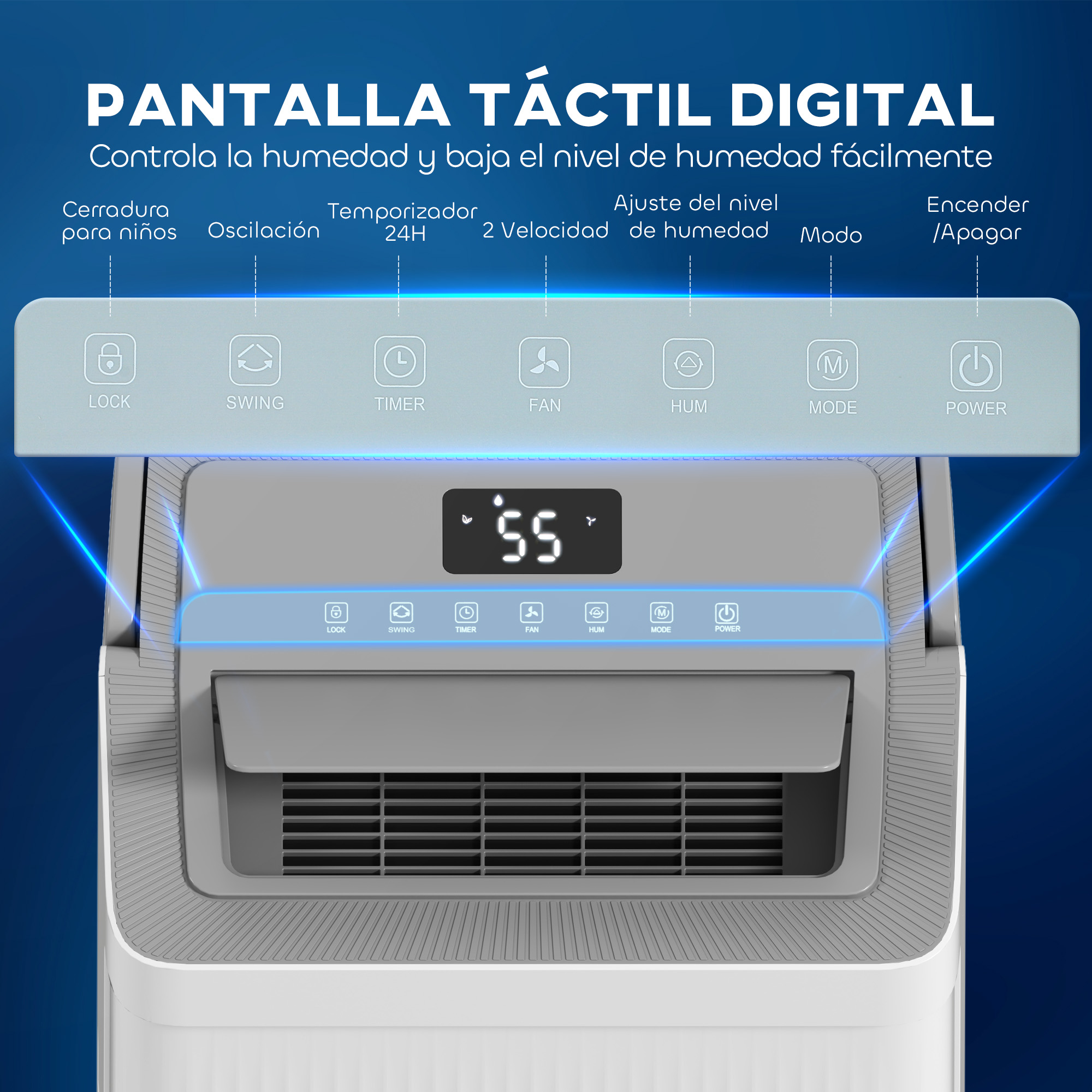 Purificador de aire digital con iconos: bloqueo, oscilación, temporizador, ventilador, humedad, modo y encendido.