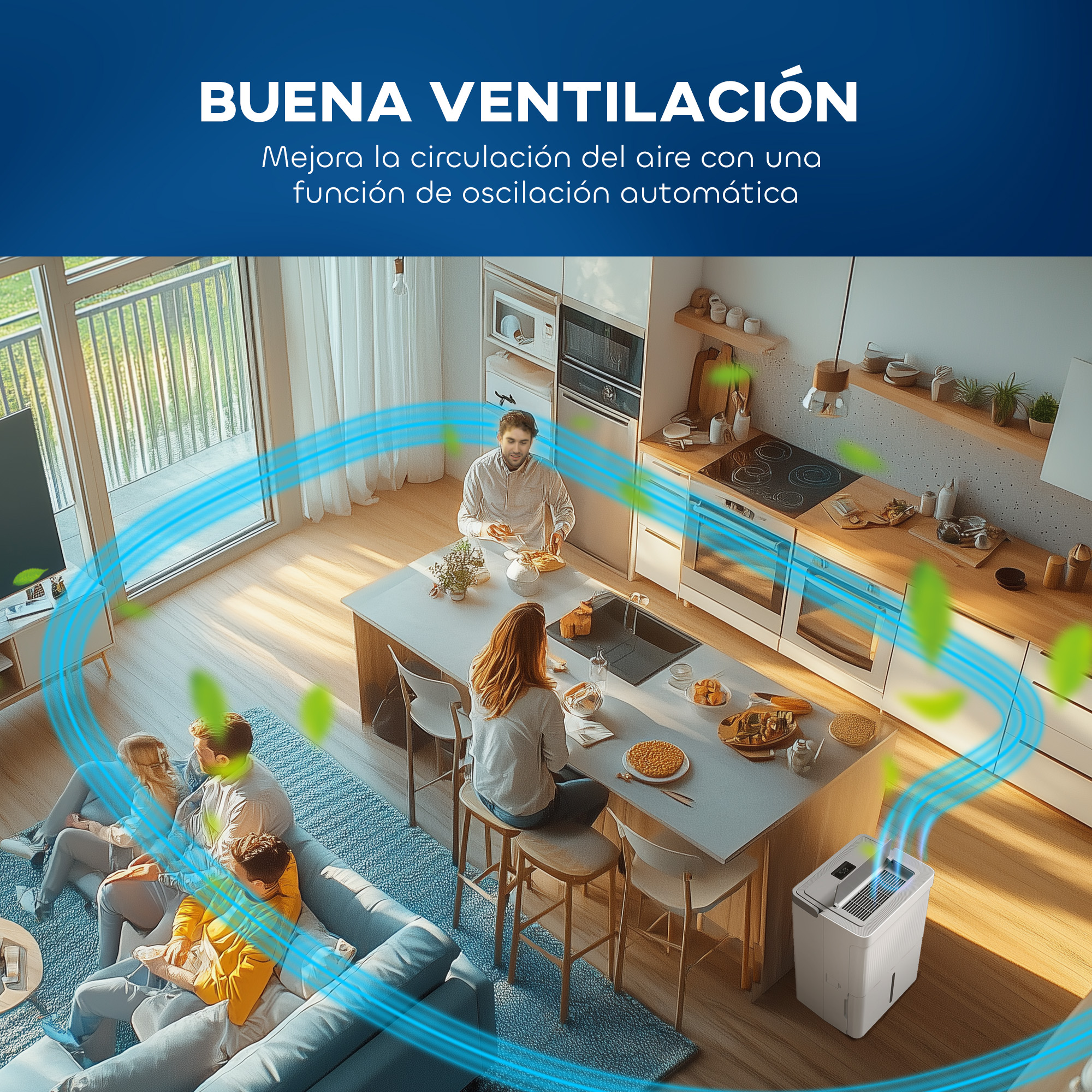 Escena de cocina con personas y gráficos de circulación de aire.