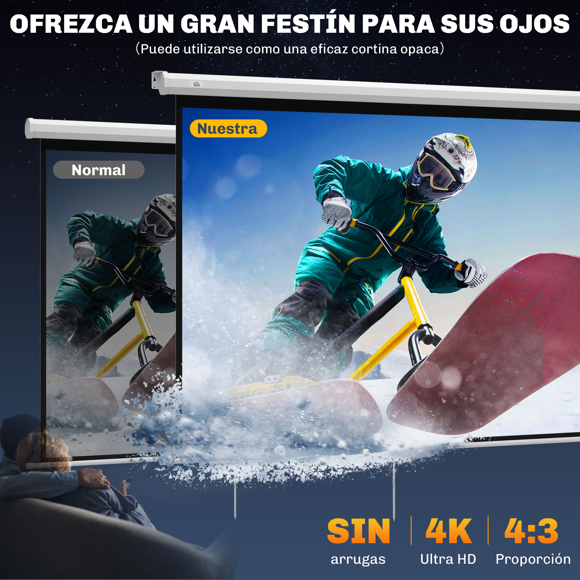 Se muestra una pantalla de proyección con un esquiador. La pantalla es blanca con un marco negro.