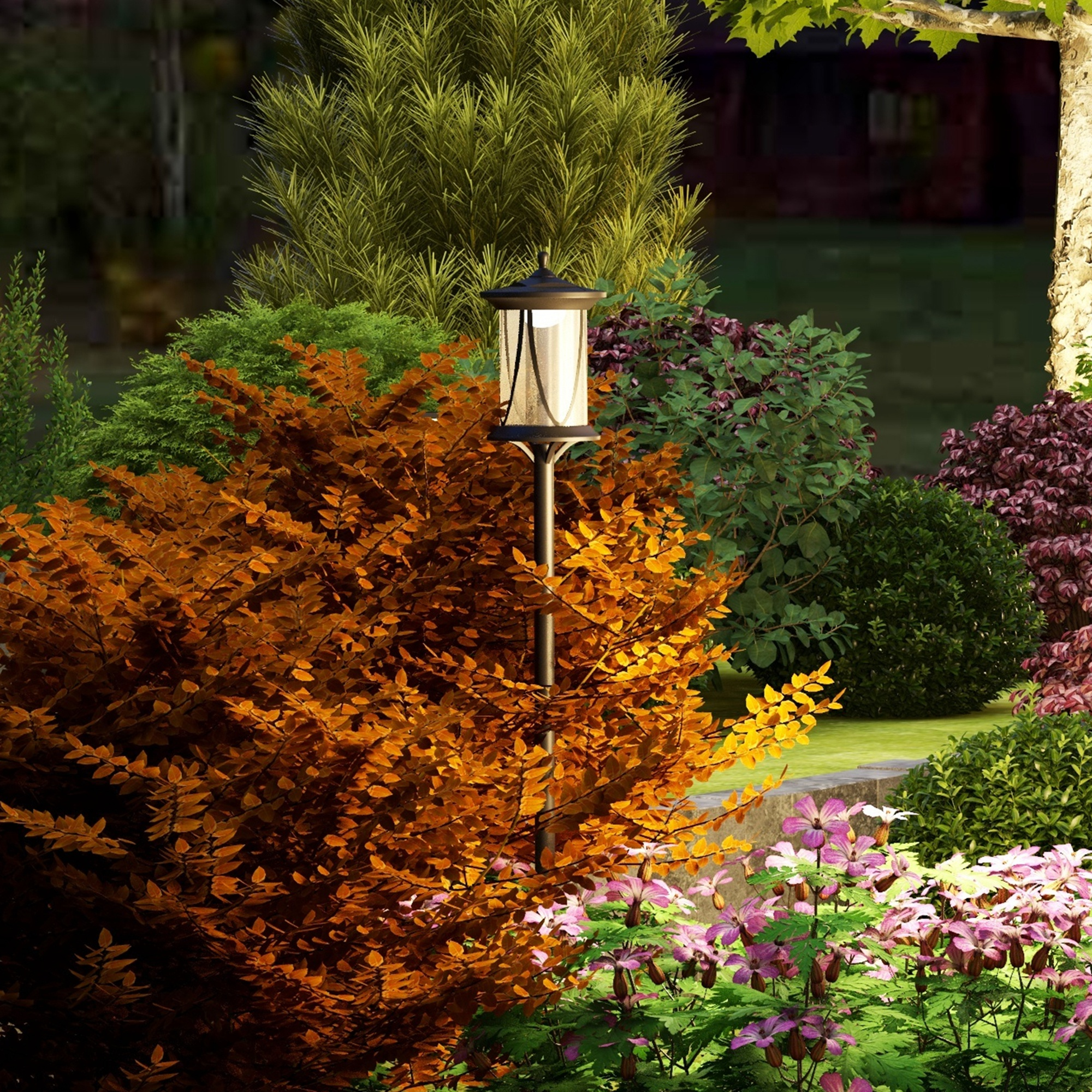 Eine Gartenszene mit einer Laterne, verschiedenen Pflanzen und farbenfrohem Laub.