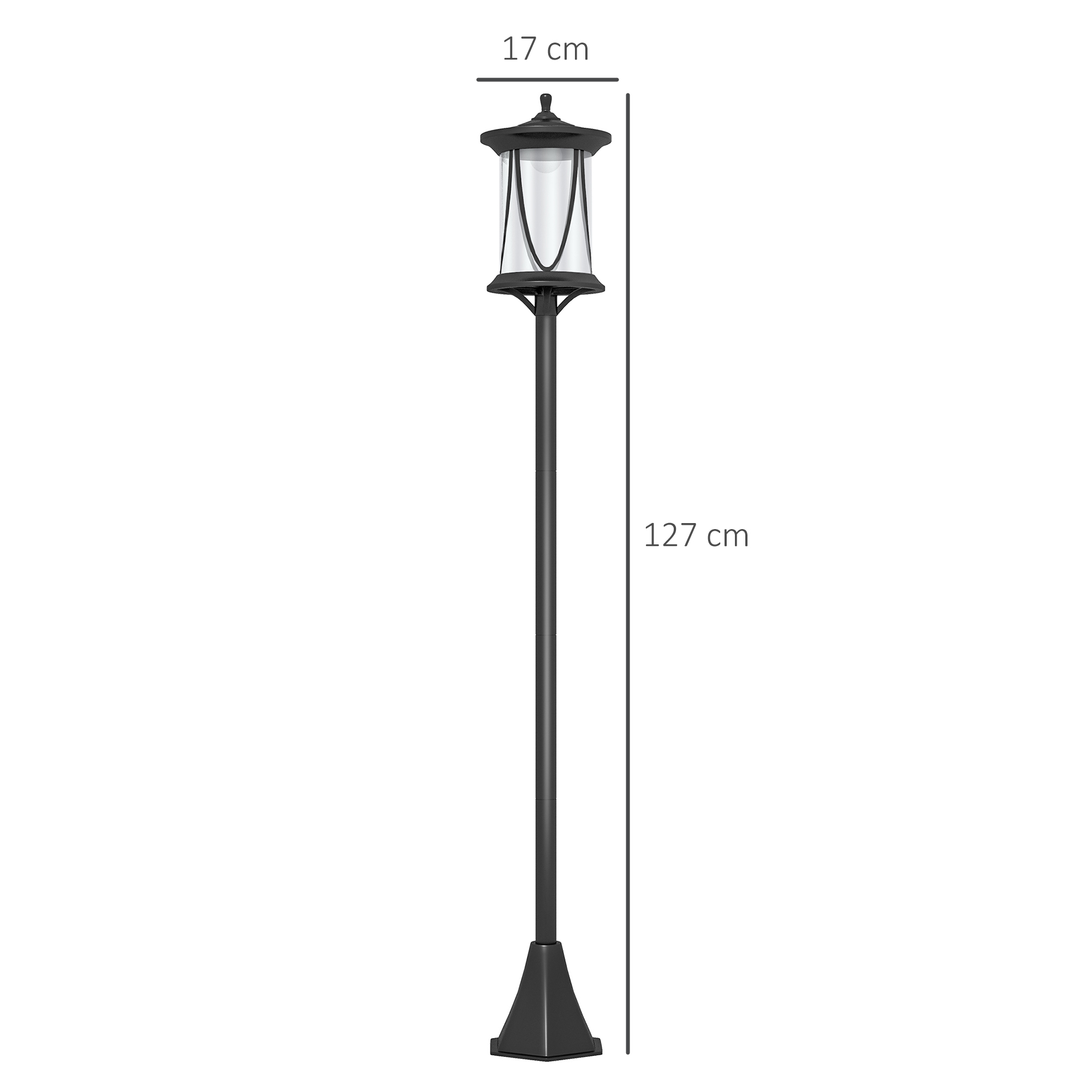 Hohe Außenlampe. Schwarz, mit Glasscheiben und dekorativem Aufsatz. 127 cm hoch.