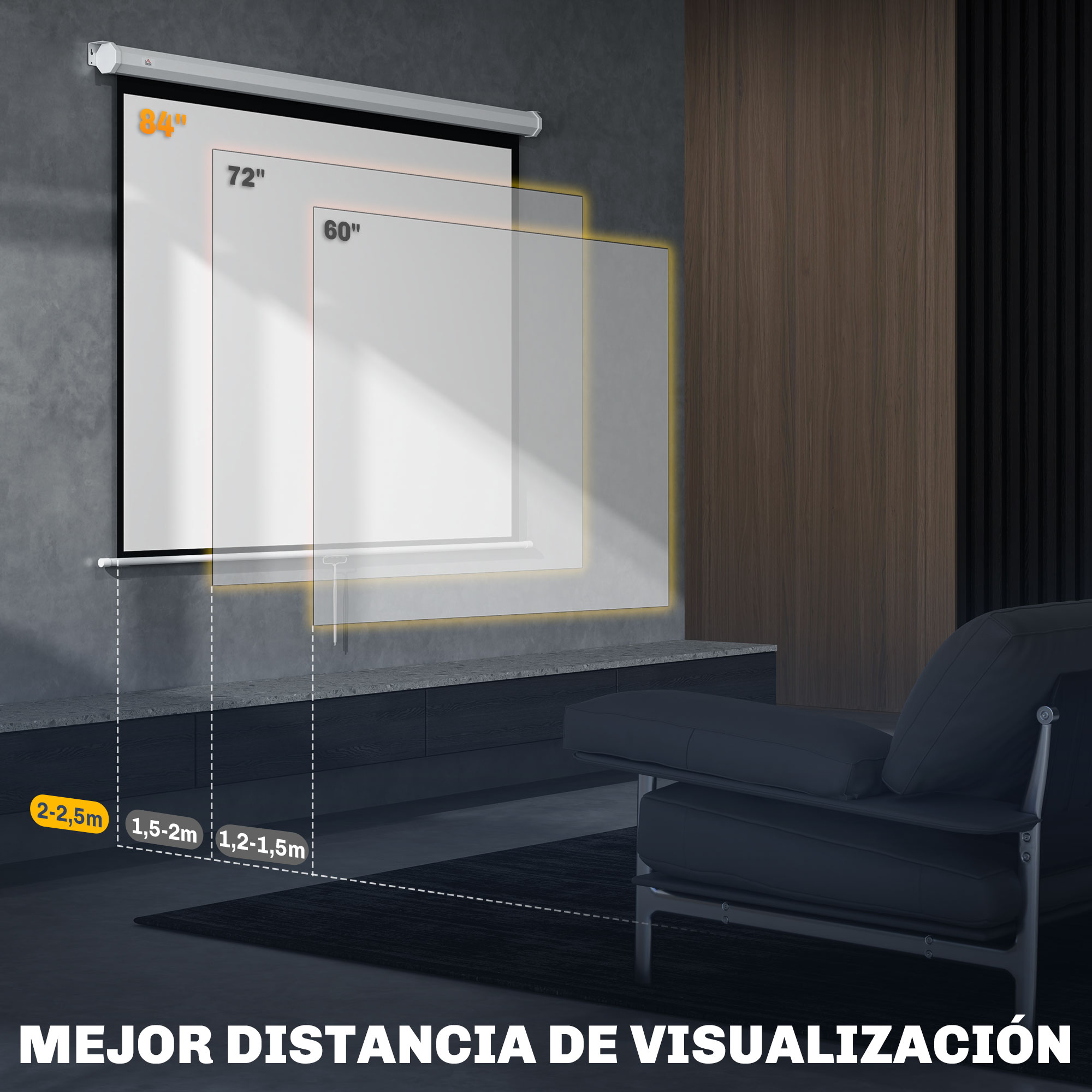 Una pantalla de proyector que muestra distancias para pantallas de 60, 72 y 84 pulgadas; un salón.