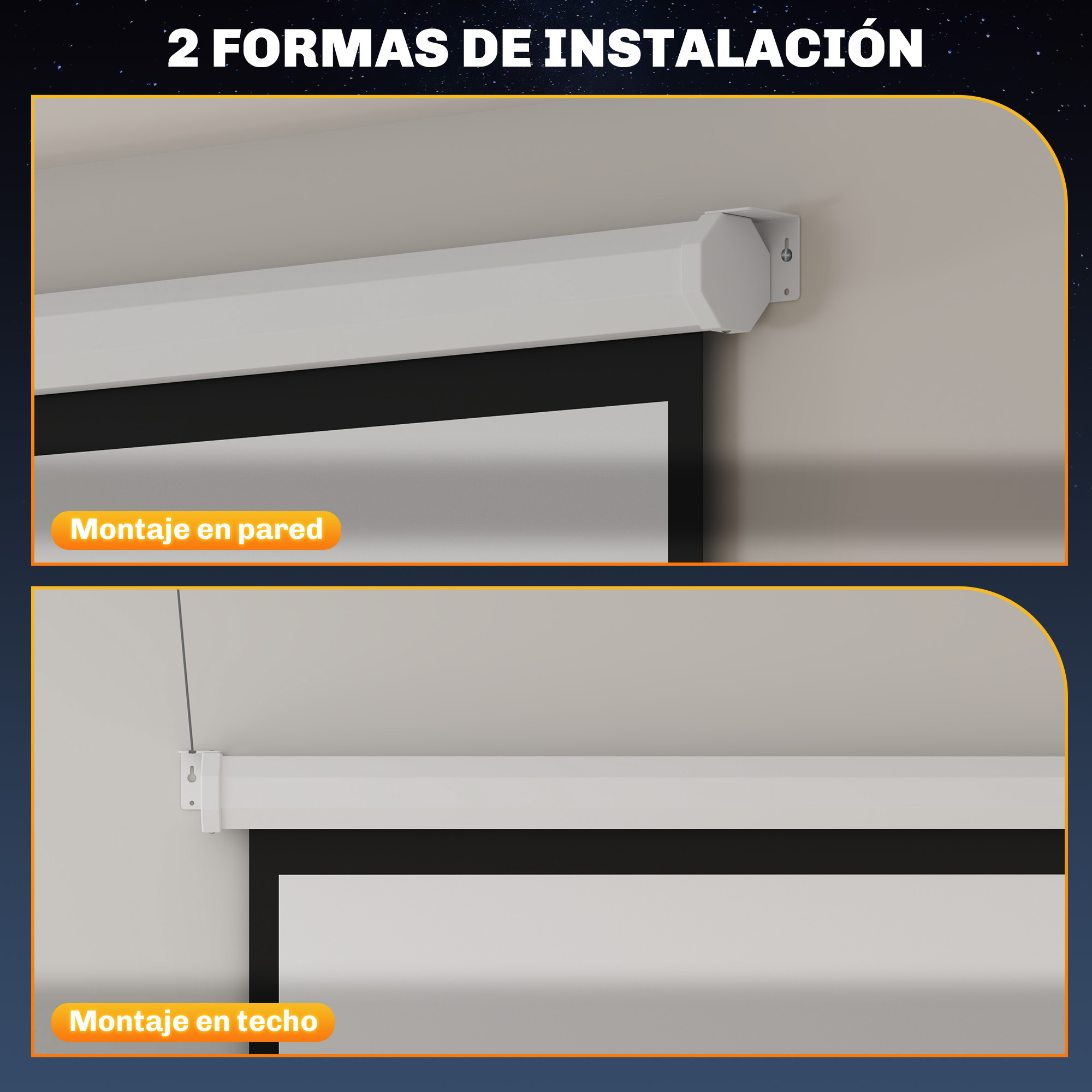 Dos métodos de instalación para una pantalla de proyector: montaje en pared y techo.